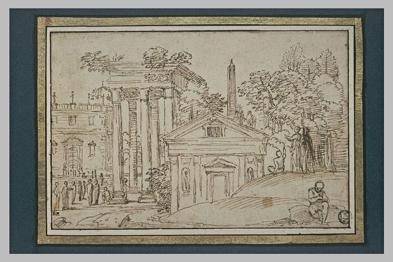 Paysage avec des monuments antiques, et des personnages conversant