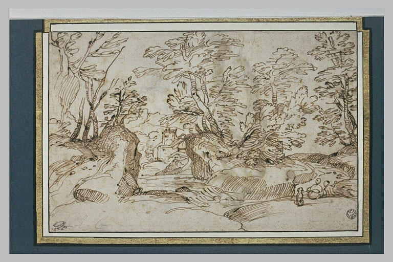 Dans un paysage rocheux, deux figures assises conversant au bord d'un chemin