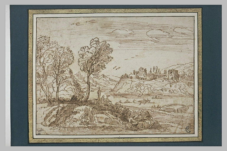 Dans un paysage traversé d'un fleuve, personnages conversant ou contemplant