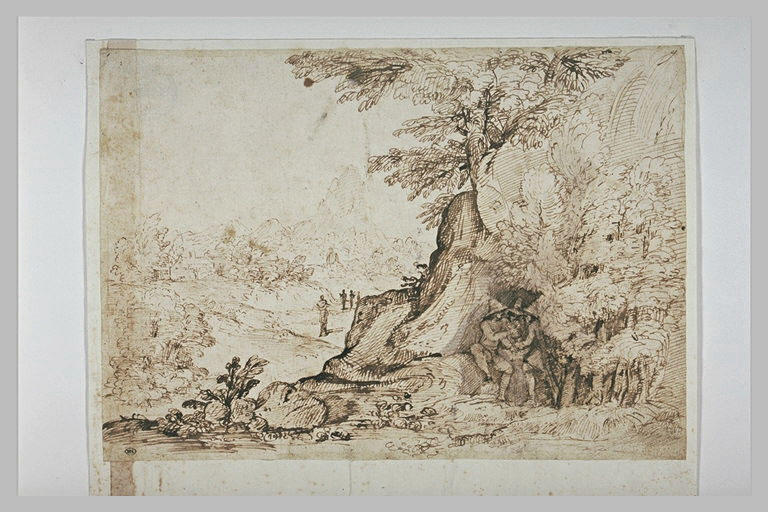 Dans un paysage boisé et vallonné, deux hommes s'échangeant une bourse