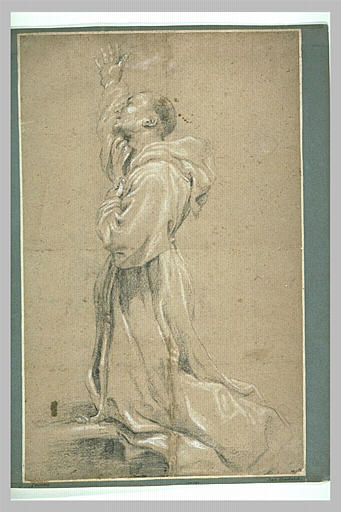 Religieux à genoux, le bras droit levé, la main gauche sur la poitrine