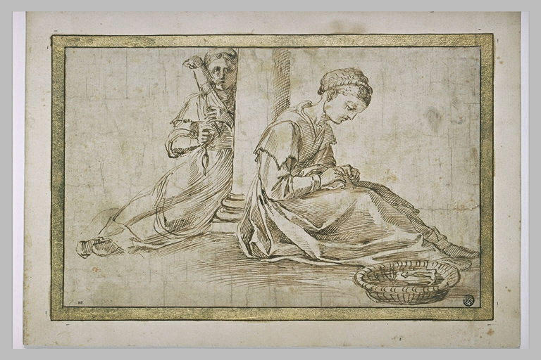 Au pied d'une colonne, deux femmes cousant et filant