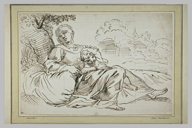 La Vierge et l'Enfant Jésus sur des coussins au pied d'un arbre