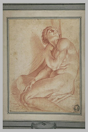 Etude d'académie, jeune homme assis, regardant vers le ciel
