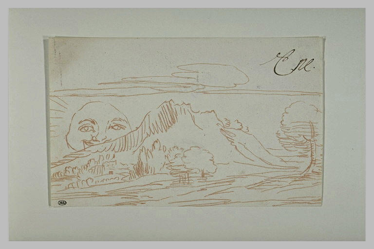 Paysage avec une montagne derrière laquelle se couche le soleil