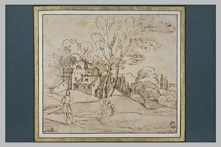 Dans un paysage, devant une ferme fortifiée, trois figures