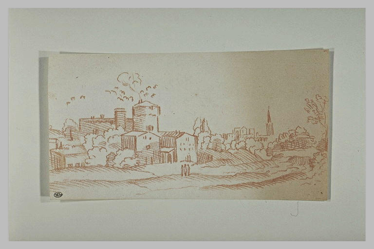 Devant une ville, dans un paysage, trois personnages conversant