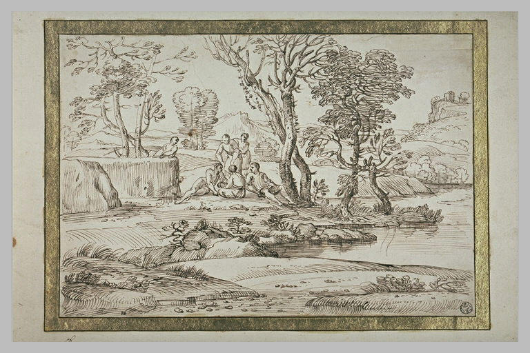 Dans un paysage, hommes et femmes se reposant et conversant