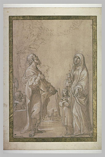 Saint Adrien ? et sainte Françoise-Romaine, devant une vue de Bologne