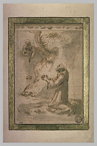 Un saint ermite en prière, à qui on apporte de la nourriture