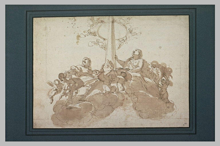 Groupe d'anges sur des nuages, autour d'une colonne