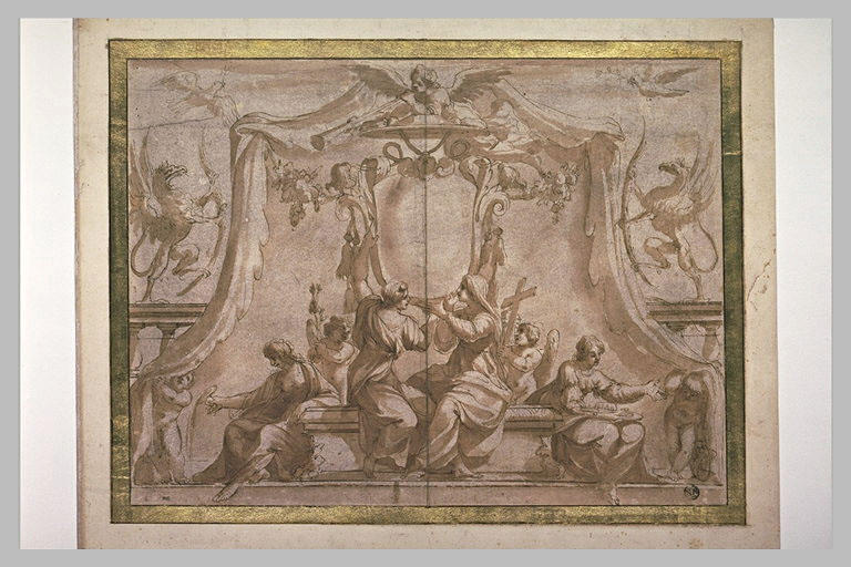 La Religion, la Paix, la Tempérance, la Noblesse et deux écussons