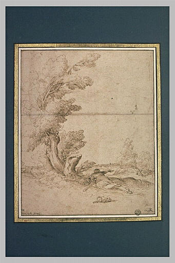 Paysage avec un homme allongé vu de dos