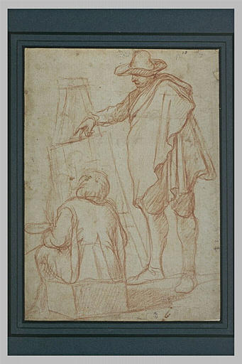 Jeune garçon assis devant un chevalet, peignant, observé par un homme