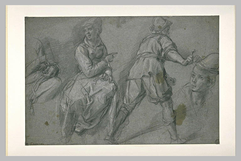Etudes d'une femme assise, d'un homme de dos, d'une tête et d'une figure