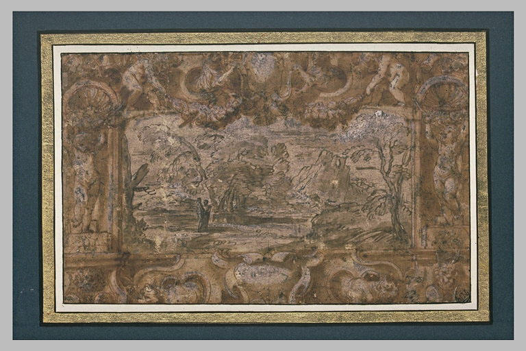 Encadrement décoratif avec putti et armoiries encadrant un paysage