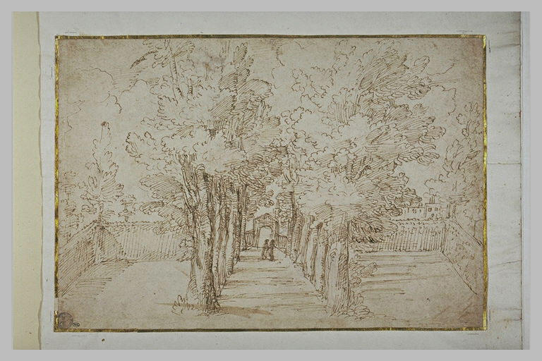 Paysage avec deux figures dans une allée d'arbres conduisant à un domaine