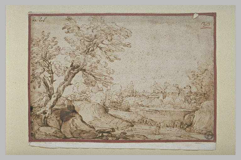 Paysage rocheux et boisé, avec une cité fortifiée dans les arbres, au loin