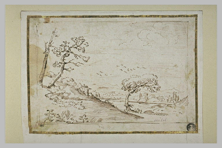 Paysage avec des bâtisses à flanc de coteau, et une plaine bordée de monts