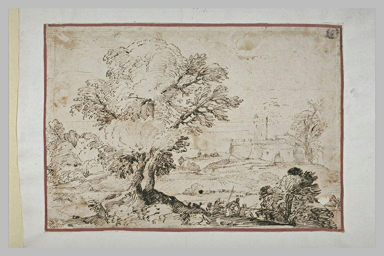 Dans un paysage boisé, avec une citadelle, une barque et deux pêcheurs