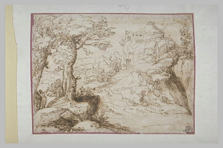 Dans un paysage boisé, deux figures désignant une citadelle sur des falaises