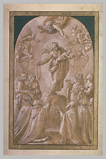 La Vierge et l'Enfant Jésus distribuant des rosaires à des saints