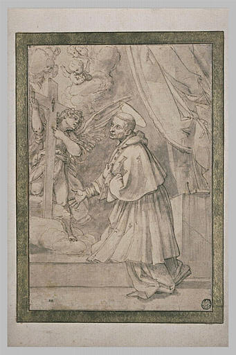 Saint Charles Borromée en prière devant une croix soutenue par un ange