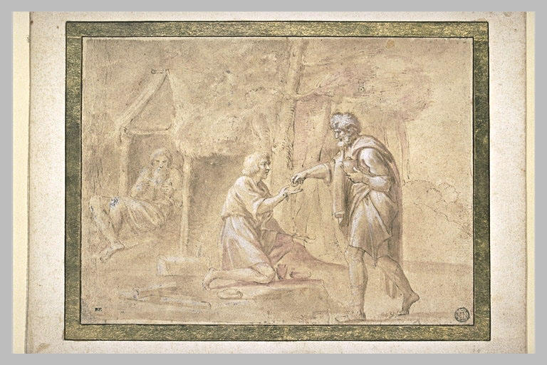 Vieillard faisant l'aumône à un homme jeune, et autre vieilard lisant