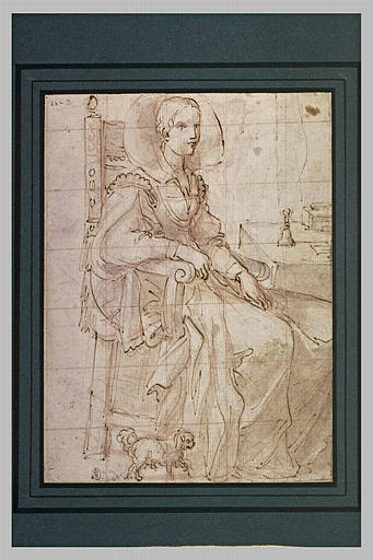 Portrait de dame assise avec un petit chien