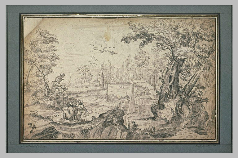 Paysage avec deux hommes nus assis et un chien