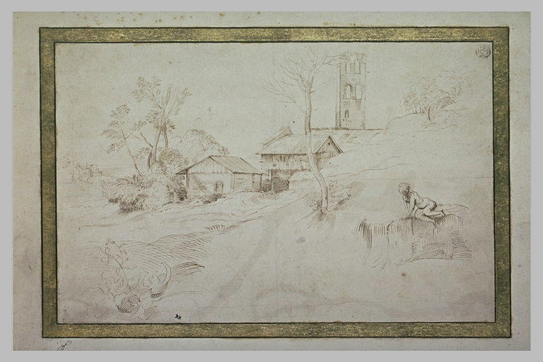 Dans un paysage, homme assis près d'une ferme