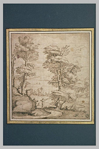 Paysage boisé, avec au fond deux voiles sur la mer, encadrée de montagnes