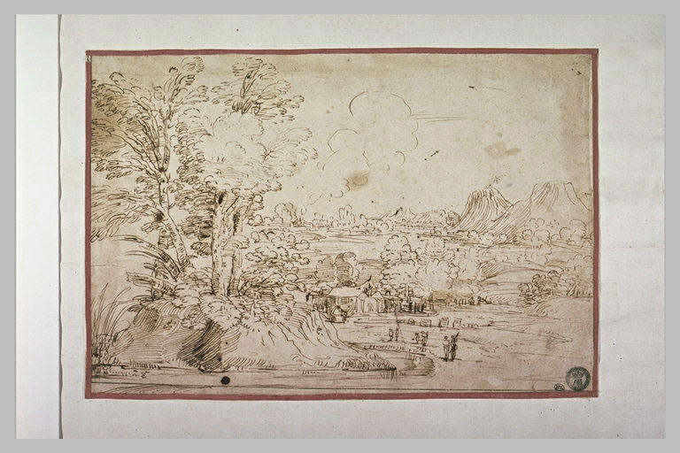 Vaste paysage de plaine et de montagnes, avec une ferme et quelques figures