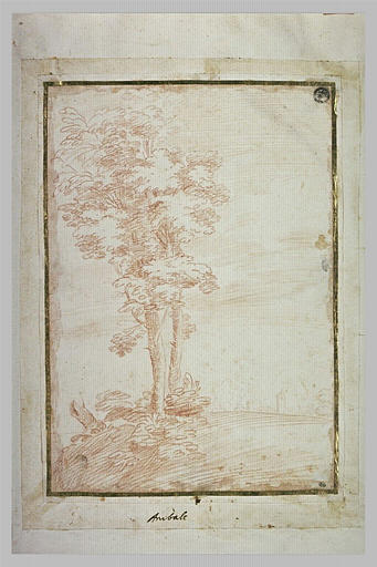 Deux arbres dans un paysage, avec au loin les murs d'une ville