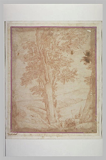 Quelques hommes d'armes, sous un grand arbre, dans un paysage vallonné