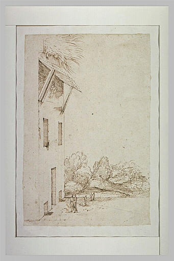 Personnages dominant une haute maison, avec une plaine au loin