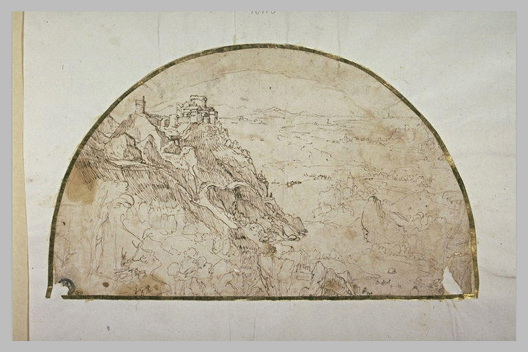 Vaste paysage, avec une forteresse sur un mont dominant une plaine