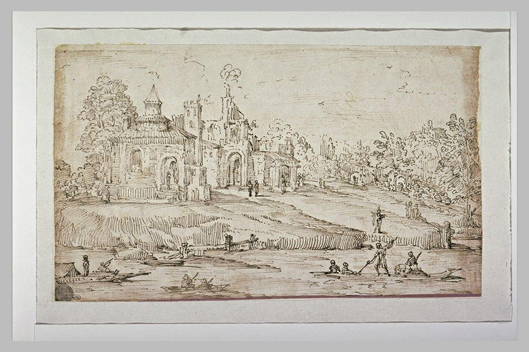 Château au bord d'une rivière animée de nombreuses barques