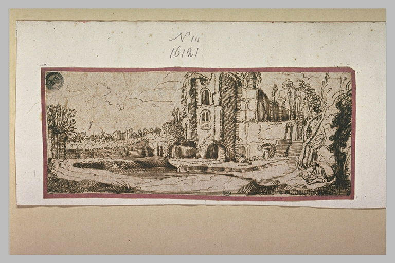 Homme assis avec un chien, dans un château en ruines