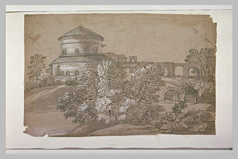 Aqueduc conduisant à un bâtiment circulaire, dans un paysage
