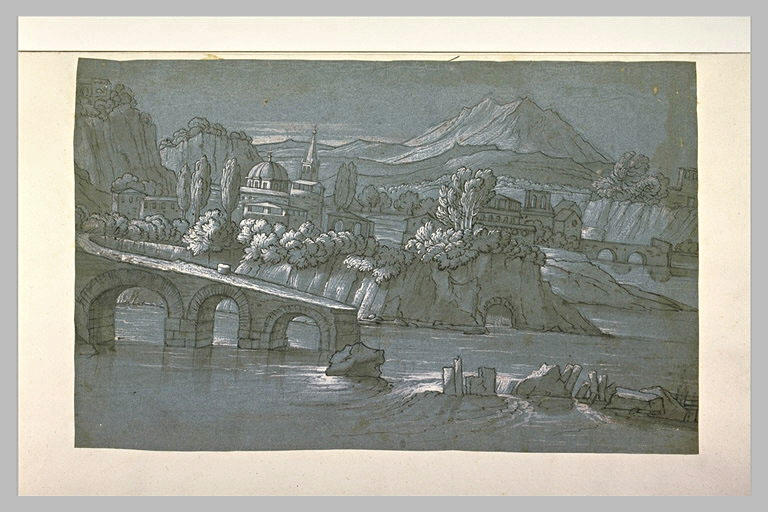 Dans un paysage montagneux, une ville près d'une rivière avec un pont coupé