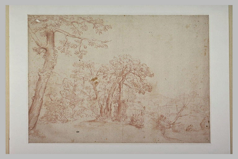 Dans un bois bordé d'une rivière, une femme filant, et deux rameurs
