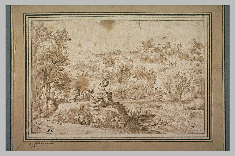 Trois personnages conversant dans un paysage boisé et vallonné