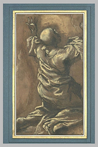 Saint en extase vu par derrière, bras levés au ciel