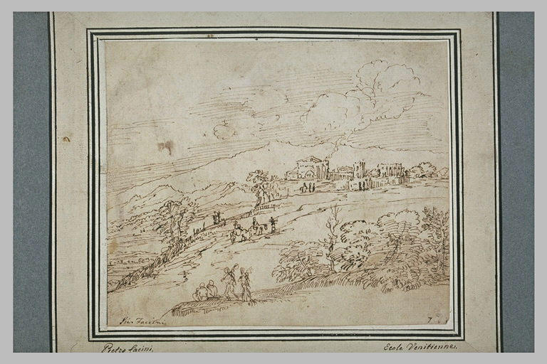 Paysage vallonné, avec des personnages aux abords d'une cité