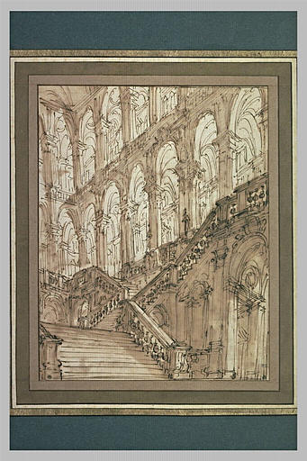 Vue de l'intérieur d'un palais, avec un grand escalier et de hautes galeries