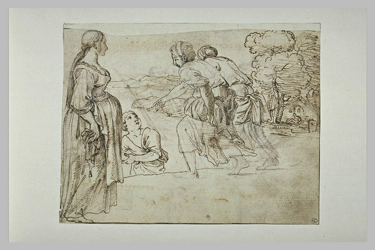 Femme enceinte, regardant deux figures interpellant un homme