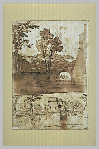 Deux études du même paysage avec un pont, sous deux angles différents