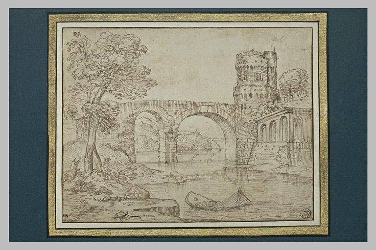 Pont à deux arches, enjambant une rivière, et menant à des fortifications