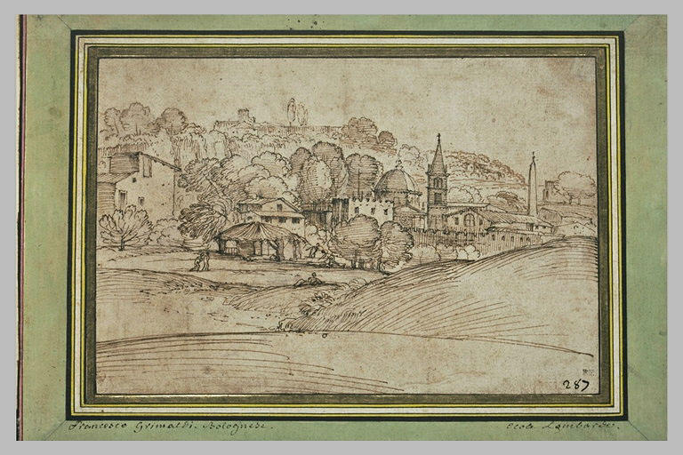 Une bourgade parmi les arbres, avec un vaste bâtiment sur une colline